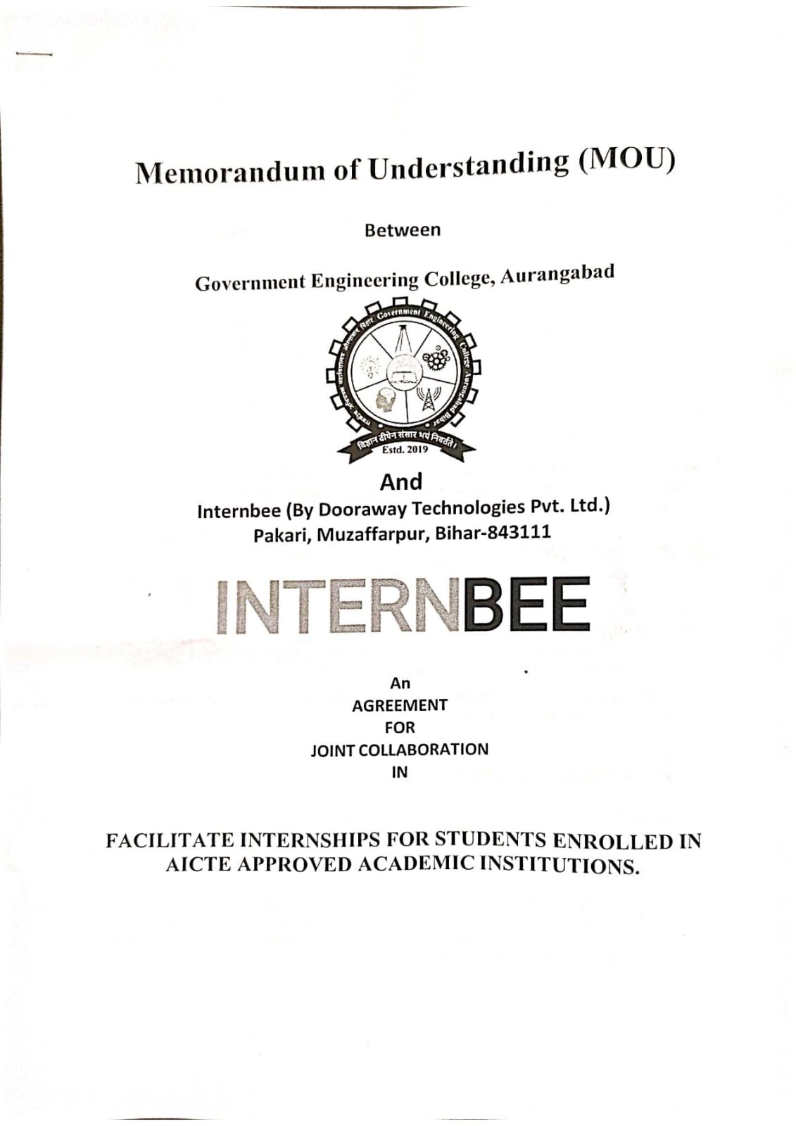 MoU Between Internbee and GEC, Aurangabad